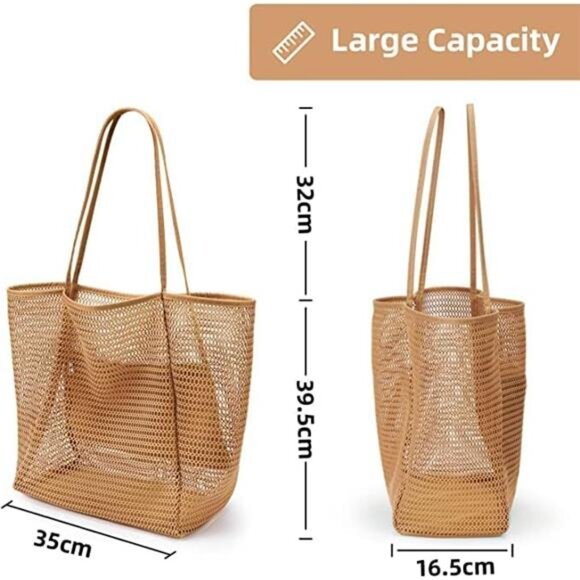 Beach Mesh Tote Bag, Casual Tote Bag Hobo for Women Foldable Handbag - Picture 3 of 7